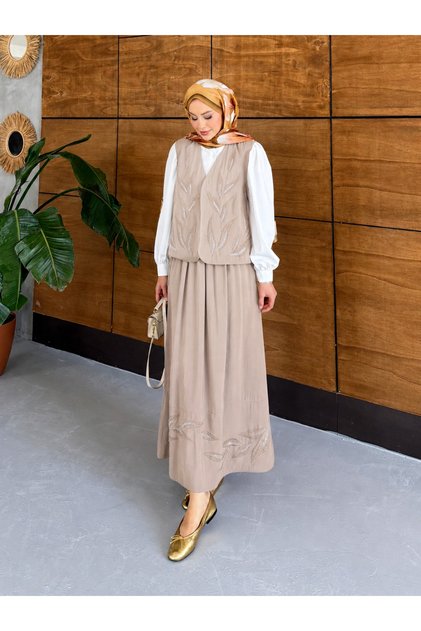 Women's Embroidered Linen Vest Skirt Two-Piece Set