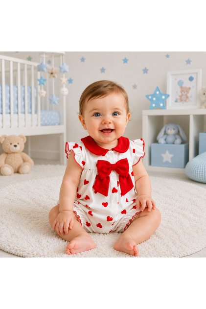 Heart-Shaped Bow Baby Romper - 100% Cotton
