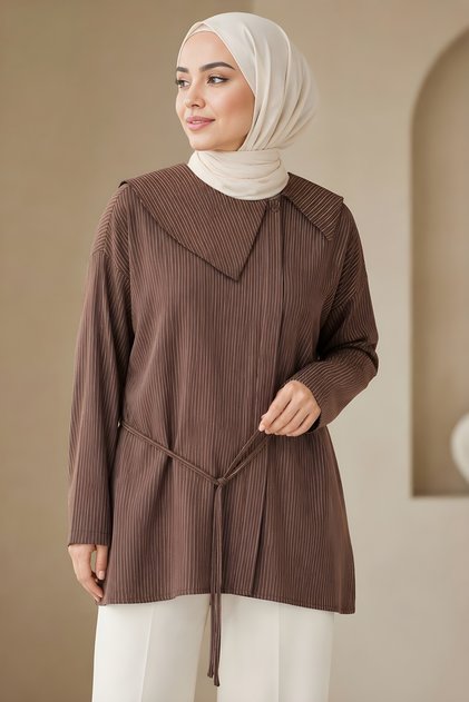 Brown Lace-Up Striped Tunic