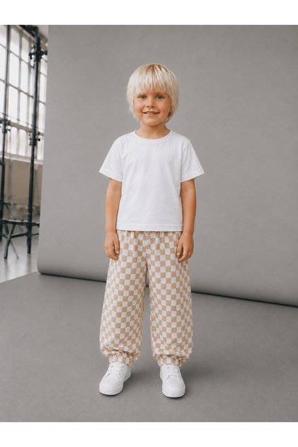 Kids Unisex Square Patterned Balloon Fit Children's Pants Beige White Comfortable Fit