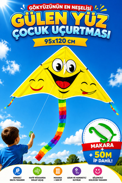 Gülen Yüz Çocuk Uçurtması 95x120cm – Makaralı 50m İpli Hafif Kolay Uçan Delta Uçurtma