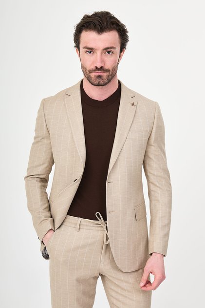 Striped Slim Fit Mono Collar Trousers Drawstring Men's Suit Mink - 45471.26Y