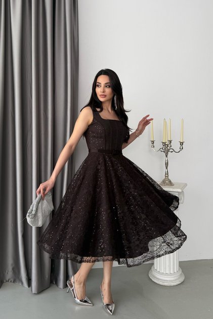 Brown Lace Embroidered Sequined Belted Square Neck Evening Dress