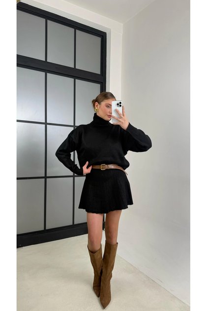 Basic Turtleneck Sweater and Mini Skirt Set - Top and Bottom Knitwear Set