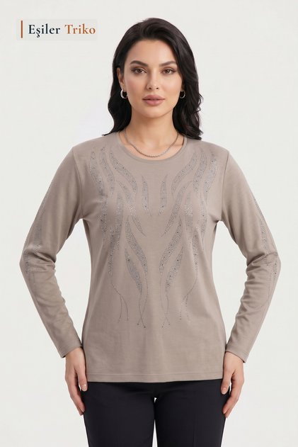 Women's Mink Willow Leaf Patterned Blouse with Stones on the Chest and Sleeves, Mother Combed Cotton Blouse