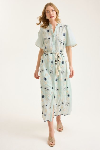 Long Butterfly Flower Embroidered Short Sleeve Dress