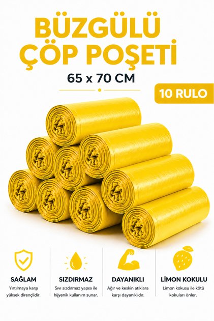 Büzgülü Çöp Poşeti Limon Kokulu 65×70 cm Büyük Boy 10 Rulo Dayanıklı Sızdırmaz Kalın Çöp Torbası
