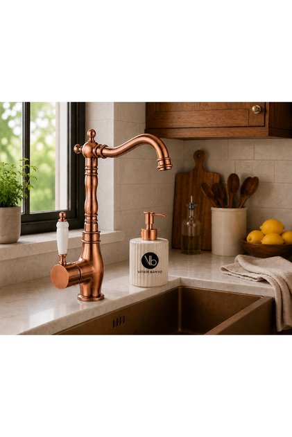 Reyhan Series Copper Kitchen Sink Faucet with Porcelain Handle Retro Kitchen Faucet with Swivel Spout
