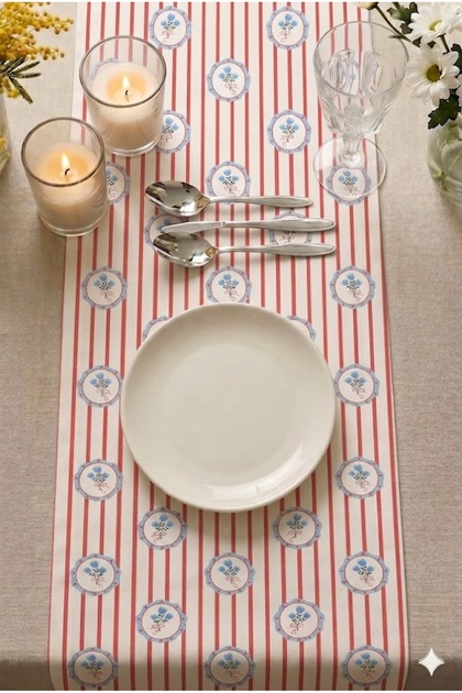 Lunara-R Red Striped Vintage Floral Table Runner Red-White 50X145