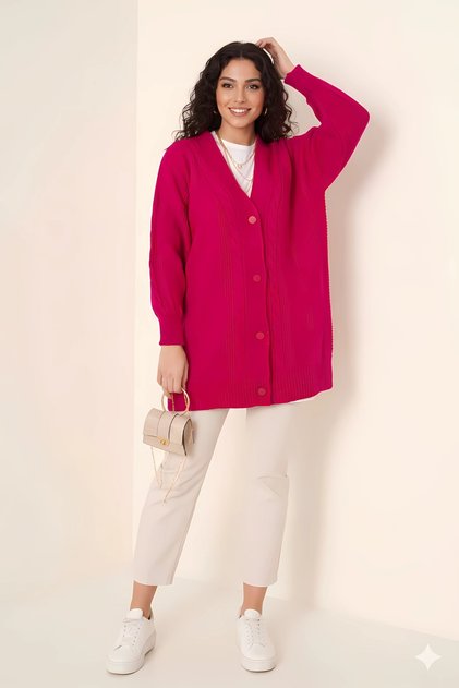 Women's Dark Pink Hair Weave Pattern Long Buttoned Relaxed Fit Knitwear Cardigan Hzl23W-Bd1100691