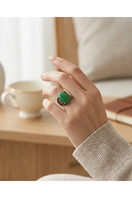 Bronze Vintage Women's Ring Authentic Copper Jewelry Large Green Stone Oval Adjustable