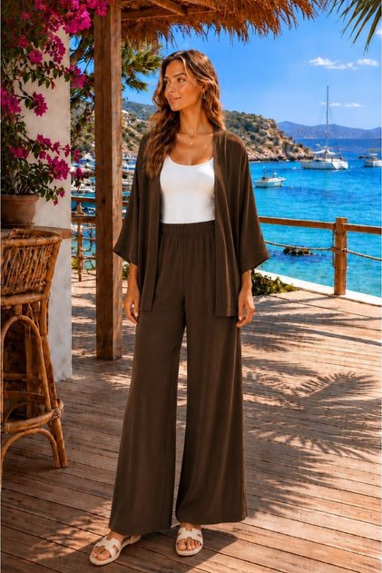 Women's Wrinkled Fabric Kimono Pants Set