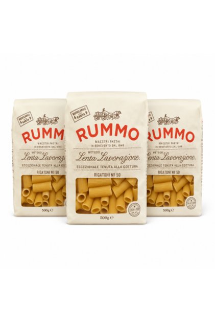 Set 3 x Paste Rigatoni Nr. 50, 500 g, Metodă de prelucrare Lenta Lavorazione, paste din semințe de grâu dur, timp de fierbere 14 minute