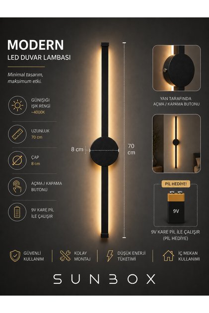 Modern Kablosuz Tak Çalıştır Ledli Pilli Aç Kapa Butonlu Aplik 70 cm Siyah Pil Dahildir LEDOVYA