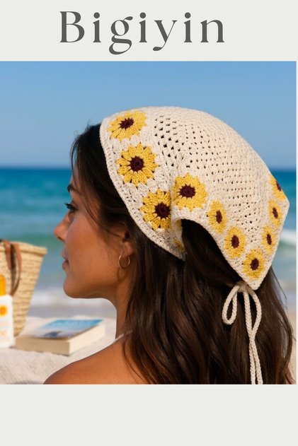 Women's Floral Motif Hand Knitted Bandana Bohemian Summer Hairband Headscarf Crochet Floral Knitted Bandana Retro Tie-Up Beach Hair Accessory