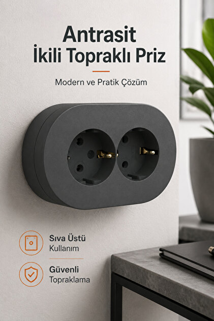 Antrasit Sıva Üstü İkili Topraklı Priz – Modern Şık Tasarım, Dayanıklı Elektrik Prizi Çiftli
