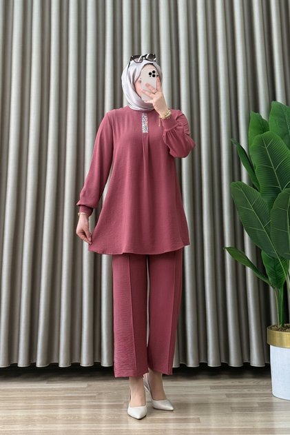 BURCU PANTALONSKI KOSTIM Ayrobin tkanina Ženski ružičasto-zlatni ovratnik Zalepljeni kameni rukavi Hlače sa dugmadima Dvodijelni hijab set