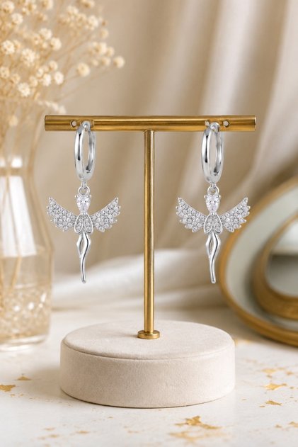 Silver Color Angel Wing Zircon Stone Hoop Earrings