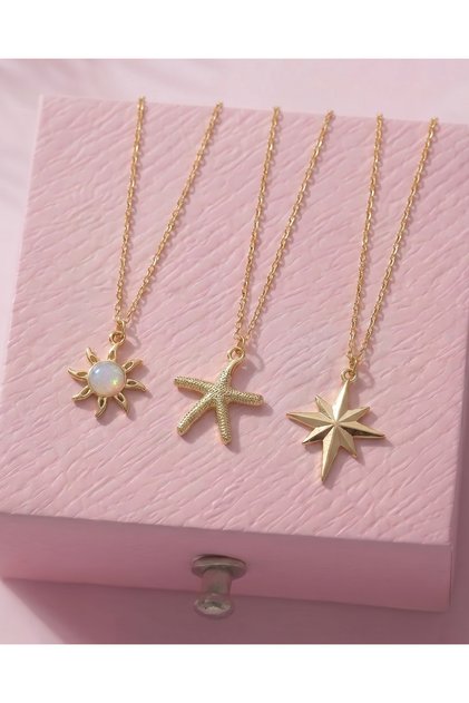 Gold Color Sun, Starfish and Polar Star Figured Necklace Set
