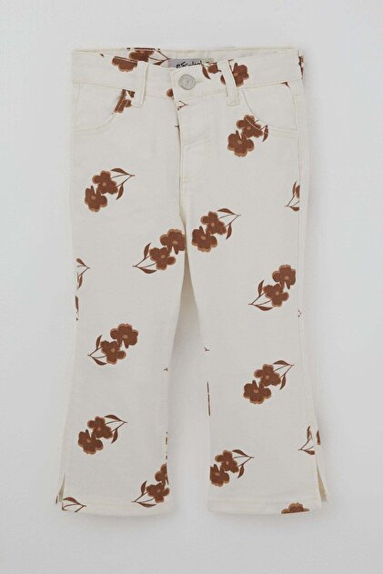 Girl's Jean Trousers with Floral Pattern and Slits on the Legs, 1.5-5 Years Old, Ecru