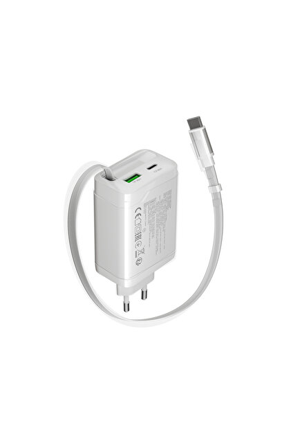 Încărcător OnCharge 65RC, Cablu USB-C integrat, 65W, 1x PD, 1x QC, Alb