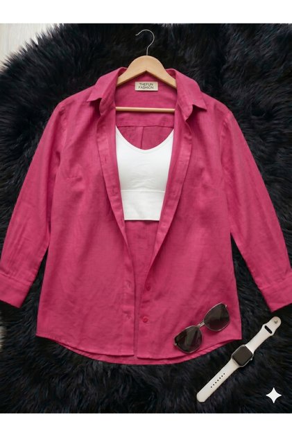 Women's Oversize Cut Woven Linen Long Sleeve Pink Shirt 100% Cotton