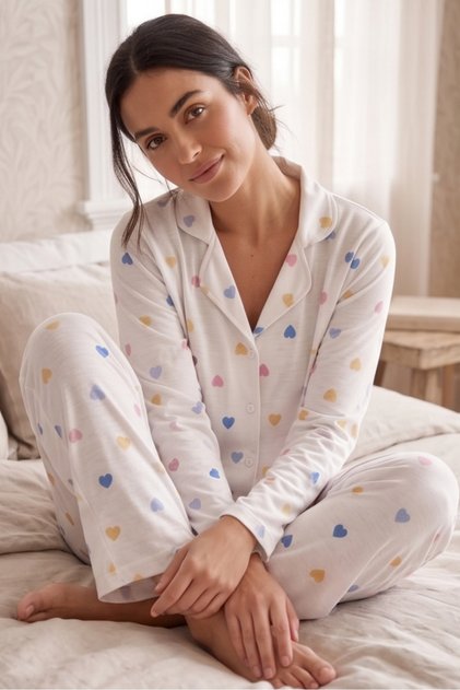 Colorful Heart Patterned White Pajama Set