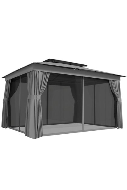 Градинска беседка на две нива, с мрежа против комари и завеси, 380x300x270 см, покрив с UPF30+, тъмно сив