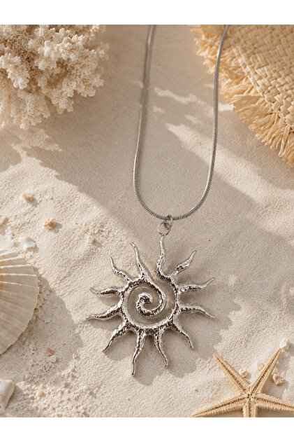 Vintage Steel Necklace with Solar Spiral Sun Figure (Silver Color)