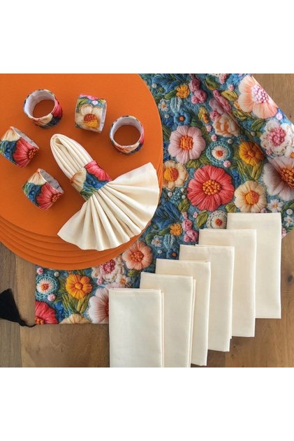American Service Set, New Season, Feast Pattern, Light Orange 6 Placemats, Cream 6 Napkins, 6 Napkin Rings and Runner Cover