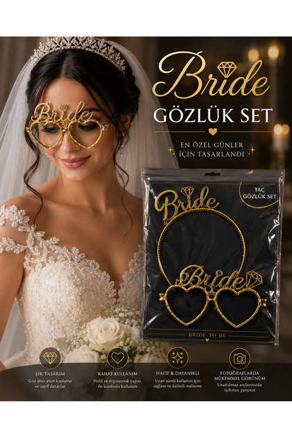 Bride To Be Gözlük ve Taç Seti Gold Renk Bekarlığa Veda Partisi Gelin Aksesuar Seti