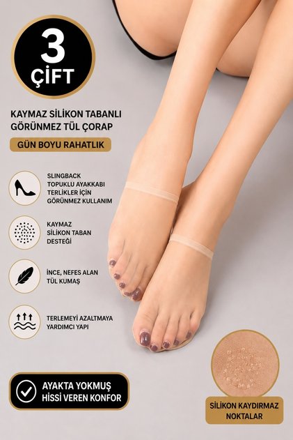 Sheera Series 3 Pieces Invisible Slingback Socks Non-Slip Silicone Based Tulle Open Heel Shoe Socks