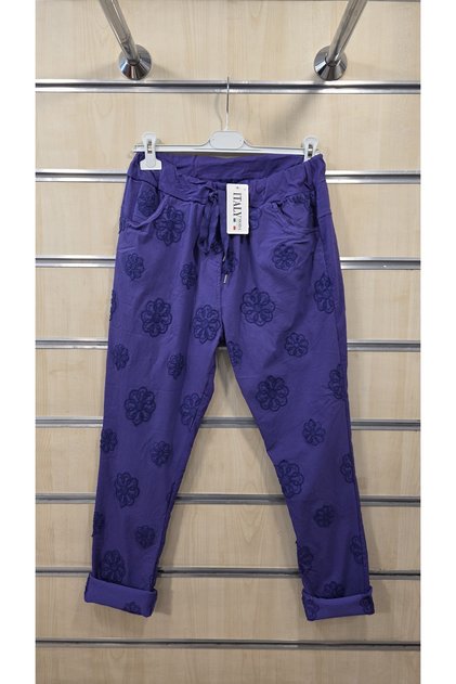 Italian Trousers Lycra Floral Embossed