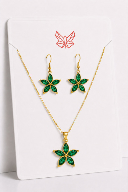 Lotus Flower Figured Gold Necklace and Earring Jewelry Set – Women's Accessory with Zircon Stones