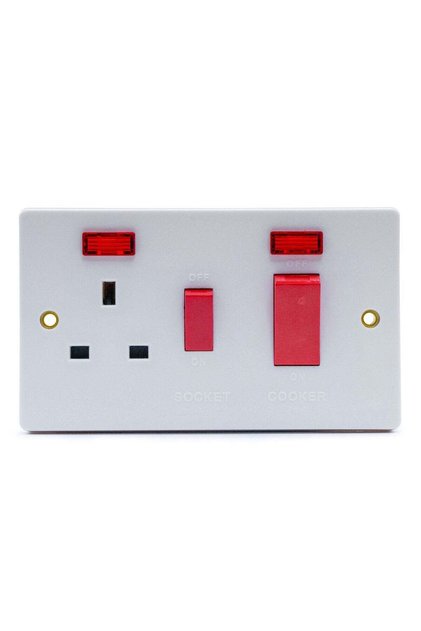 45A Double Electric Wall Socket with Cooker Switch and LED Indicators, White