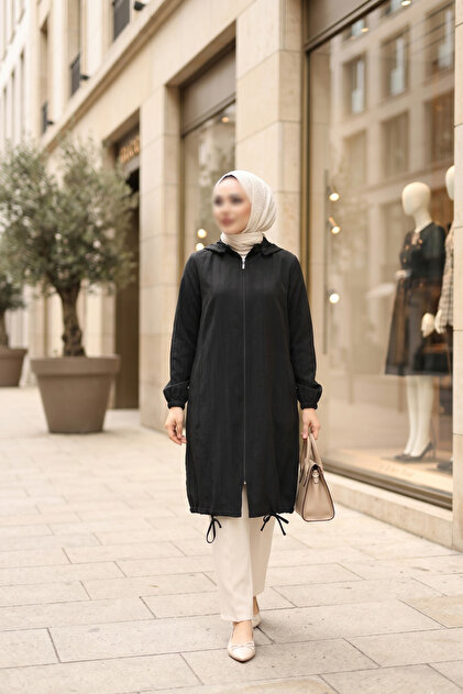 MUDUTEKSTİL Çıkarılabilir Kapüşonlu Fermuarlı Kap Siyah MD002621