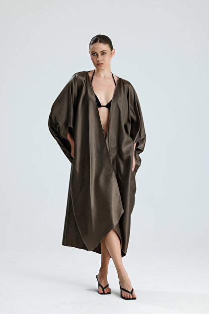 Saten Plaj Kimono | ELB33597 Vizon Saten