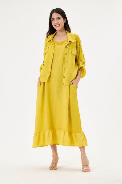 Mustard Italian 100% Linen Shoulder and Collar Mesh Detailed Jacket 2-Piece Set Long Dress 38 - 44 Size
