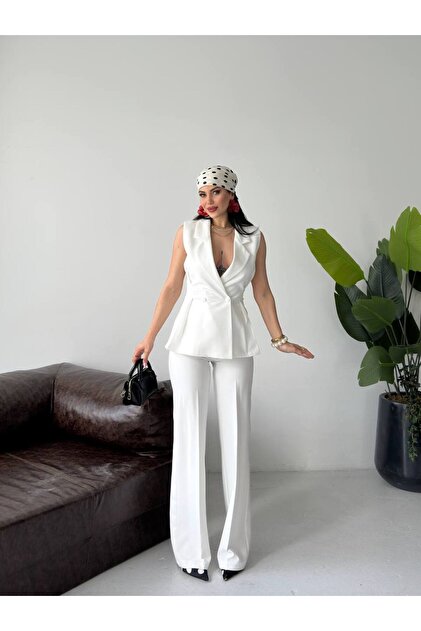 Double-Breasted Sleeveless Jacket and Palazzo Pants Two-Piece Set Women