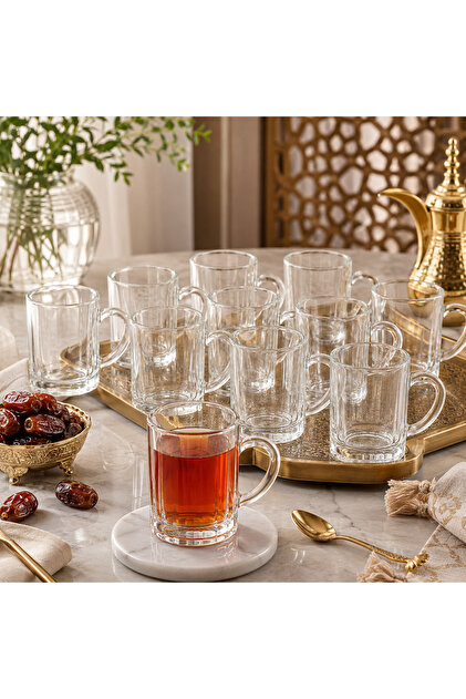 ☕ طقم فناجين شاي زجاج شفاف 12 قطعة – تصميم أنيق للضيافة الراقية ✨