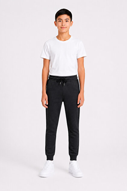 Boy's Cotton Striped Detailed Sweatpants Anthracite Melange-26116