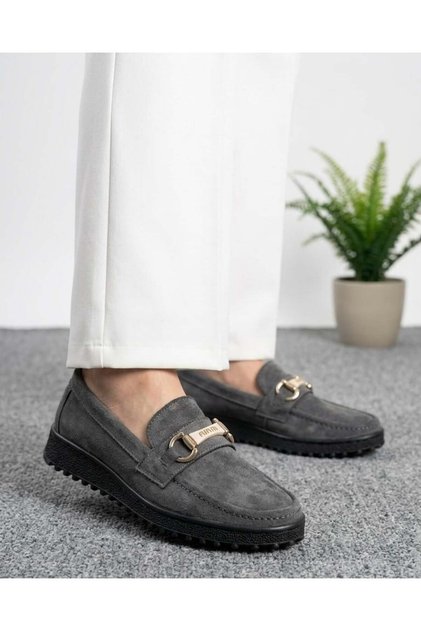 Women's Suede Loafers Buckled Casual Shoes - Anthracite