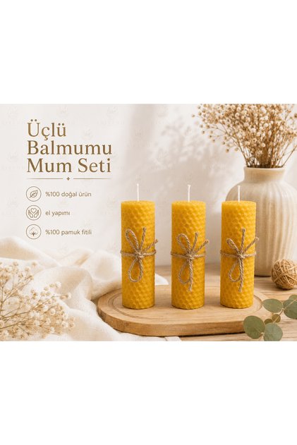 Üçlü Doğal Balmumu Mum Seti – El Yapımı Dekoratif Arı Balmumu Mum | %100 Pamuk Fitilli Hediyelik Mum Seti