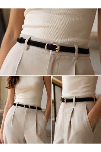 Thin Black Suede Women's Belt with Gold Buckle, Curved Body and Stylish Elegant Design, Belt for Pants, Jeans, Dress, Jacket and Shirt.