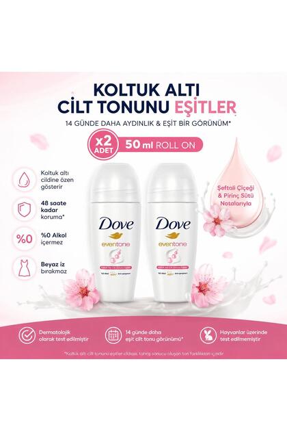 Dove Kadın Roll On Deodorant Eventone 1/4 Nemlendirici Krem 50 ml 2 ADET