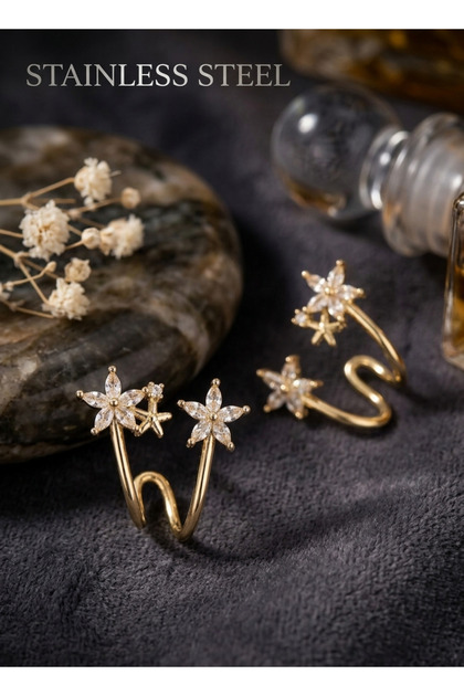 Brass Gold Color Zircon Stone Flower Motif Earrings
