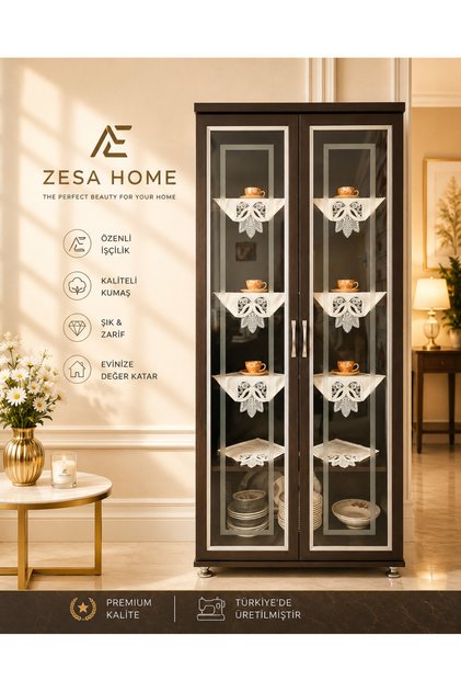 6 Parça Gardenya Fransız Güpür Detaylı Salon Vitrin, Gümüşlük Peçetesi