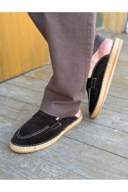 Erkek Hakiki Deri Süet Hasır Taban Casual Mule Terlik