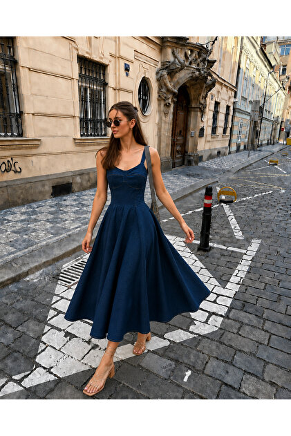 Blue Denim Sweetheart Neckline Denim Dress Oscar De La Renta Sweetheart Neck Denim Dress In Medium