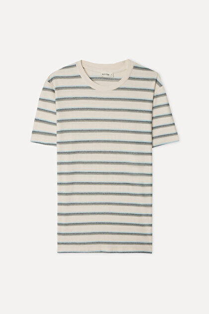 Erkek Beyaz Çizgili Comfort Fit Bisiklet Yaka T-Shirt